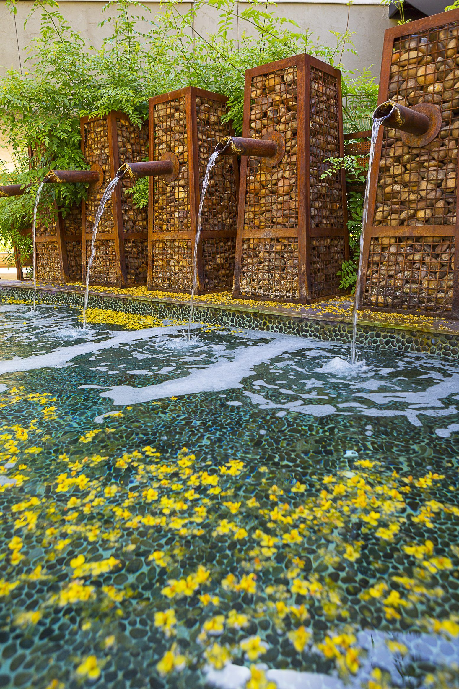 Water pouring from steel spouts into a pebble-lined pool scattered with yellow blossoms